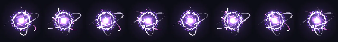 Pixel Art Plasma Orb at 8 moments, from 0 s to 1.75 s
