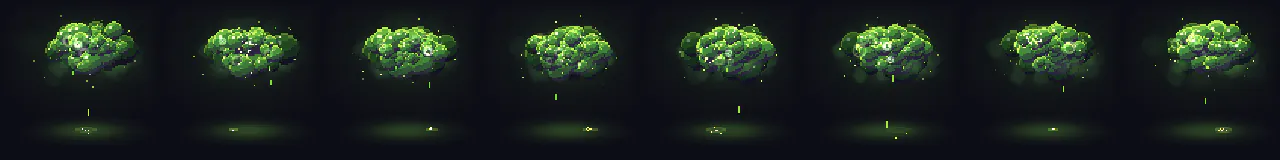 Pixel Art Poison Cloud at 8 moments, from 0 s to 2.63 s