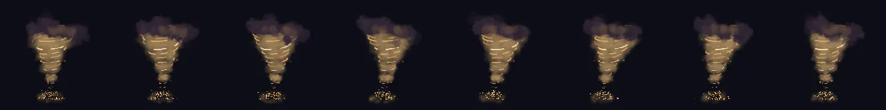 Pixel Art Tornado at 8 moments, from 0 s to 2.1 s