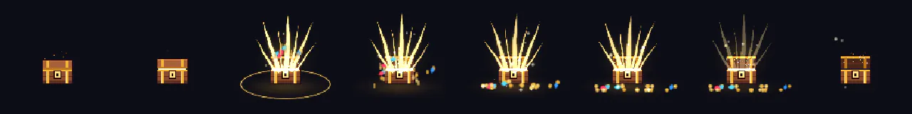Pixel Art Treasure Chest Open at 8 moments, from 0 s to 2.63 s