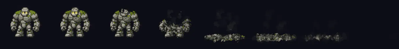 Golem de Pedra Desmoronando em 8 momentos, de 0 s a 2.45 s