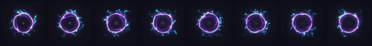 Arcane Vortex (Top-Down) at 8 moments, from 0 s to 2.63 s