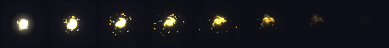 Gold Dust Puff at 8 moments, from 0.08 s to 1.13 s