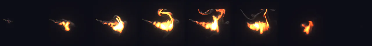 Dragon Fire Cone at 8 moments, from 0.19 s to 2.81 s