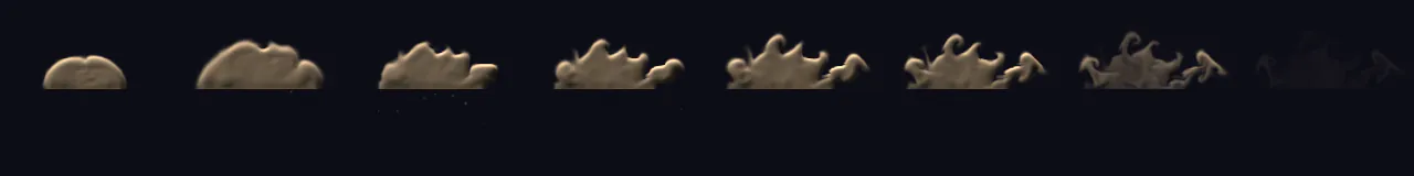 Landing Dust Cloud at 8 moments, from 0.1 s to 1.5 s