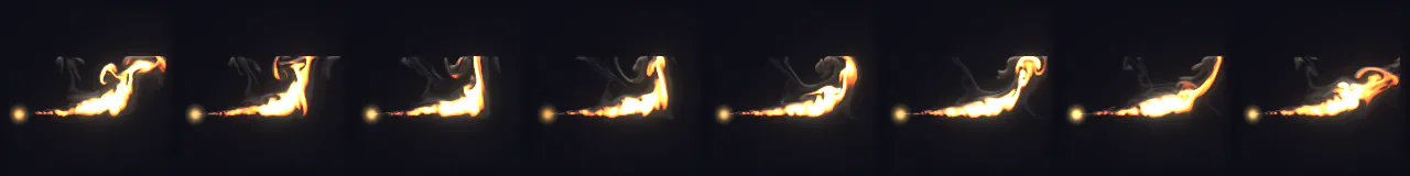 0초부터 1.75초까지 8개 순간의 화염방사기 불길
