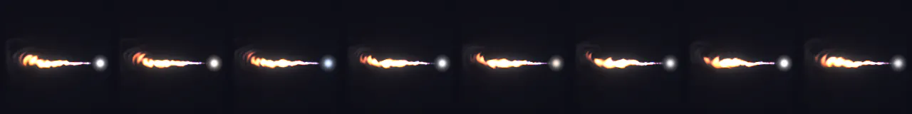 Jet Thruster Flame at 8 moments, from 0 s to 0.88 s