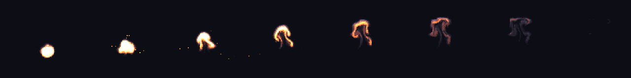 Explosión de fuego pixel art en 8 momentos, de 0.1 s a 1.5 s