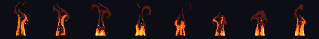 Coluna de Fogo em Pixel Art em 8 momentos, de 0 s a 1.31 s