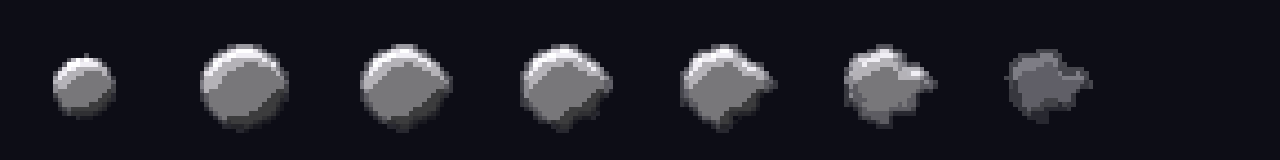 Pixel Smoke Puff at 8 moments, from 0.06 s to 0.94 s