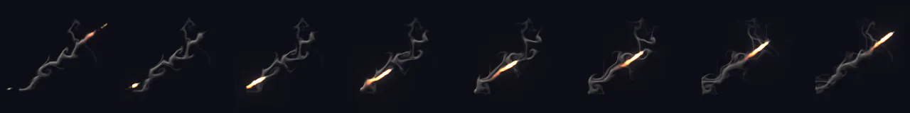 Rocket Smoke Trail at 8 moments, from 0 s to 2.19 s