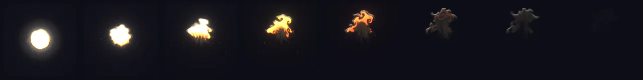 0.15秒から2.25秒までの転がる火球の爆発の8コマ
