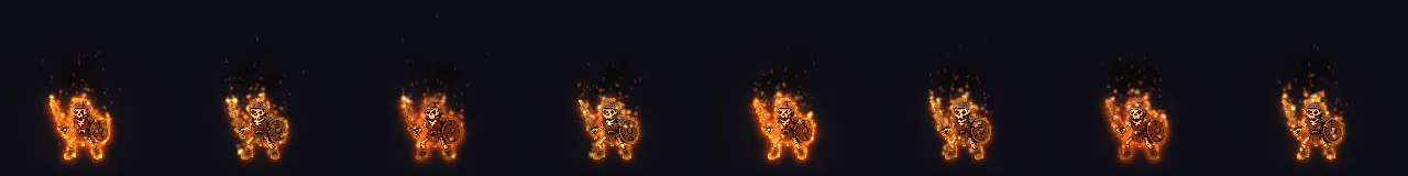 Character On Fire at 8 moments, from 0 s to 1.75 s