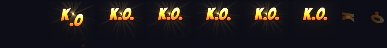 K.O. Slam Text at 8 moments, from 0 s to 2.1 s
