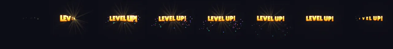 Level Up Text Pop at 8 moments, from 0 s to 2.1 s