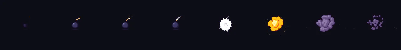 Cartoon Bomb Explosion at 8 moments, from 0 s to 1.75 s