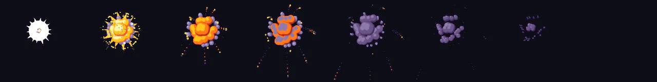 Cartoon Explosion at 8 moments, from 0 s to 1.14 s