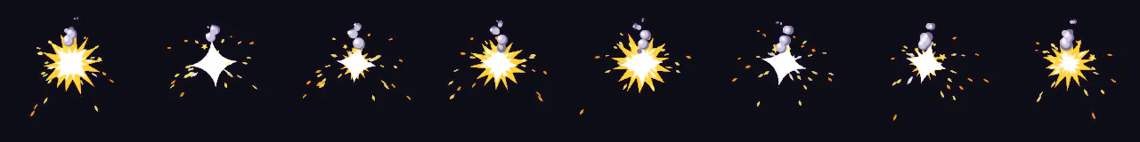 0秒から0.53秒までのコミック風導火線の火花の8コマ