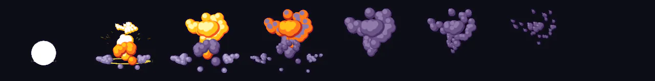 Cartoon Mushroom Cloud at 8 moments, from 0 s to 2.1 s