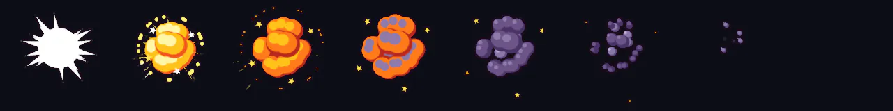 Small Cartoon Explosion at 8 moments, from 0 s to 0.7 s