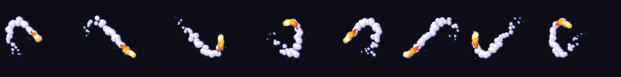Cartoon Smoke Trail at 8 moments, from 0 s to 1.75 s