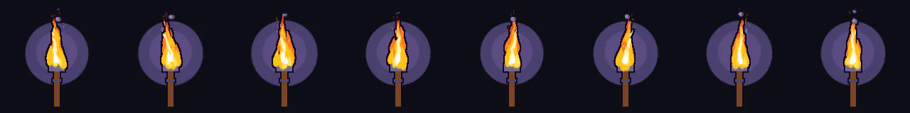 Cartoon Torch Fire at 8 moments, from 0 s to 0.88 s
