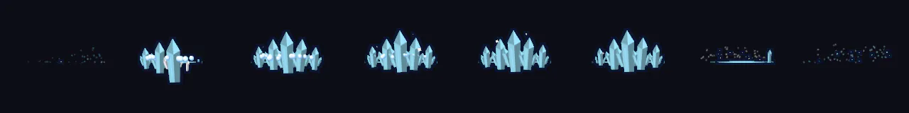 Cel-Shaded Ice Shards at 8 moments, from 0 s to 1.4 s