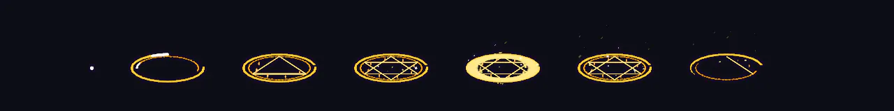 Cel-Shaded Magic Circle at 8 moments, from 0 s to 2.1 s