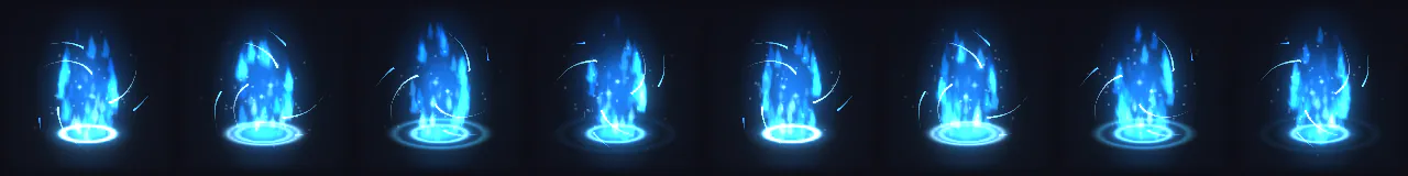 Chakra Energy Charge at 8 moments, from 0 s to 1.4 s